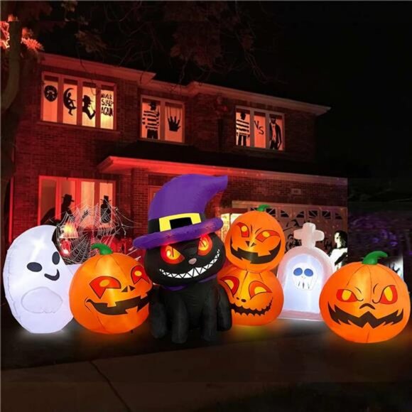 8 FT Long Halloween Inflatables Outdoor Decor - Blow Up Cat & Pumpkin Lanterns